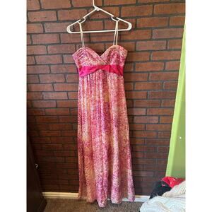 BCBG Maxazria Pink/Gold Speckled Watercolor Strapless Gown NWT